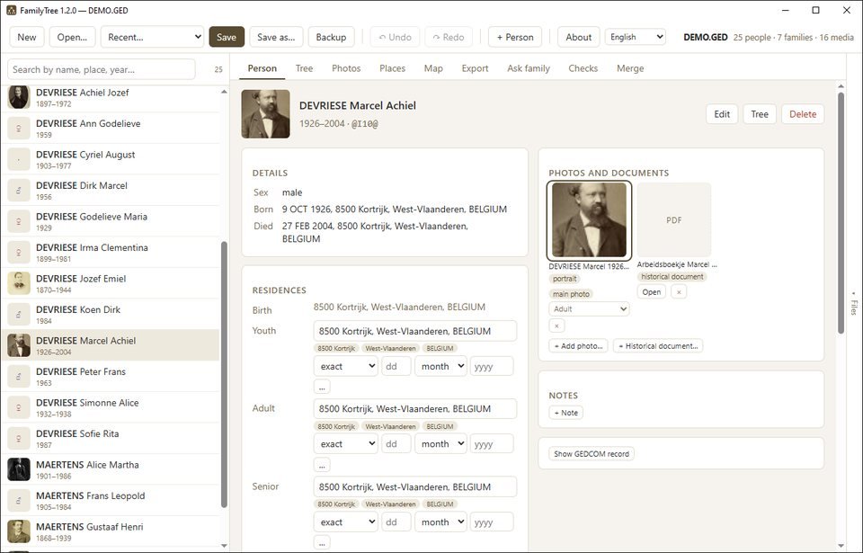 FamilyTree showing one person with family, places and photographs